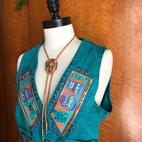 VINTAGE 80’s Acid Wash Southwestern Denim Vest S - Picture 8 of 14